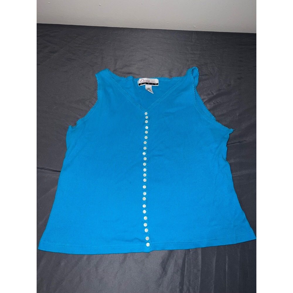 Diana Marco Womens Plus Size 22/24 Blue Ribbed Cotton Button Front Tank Top
